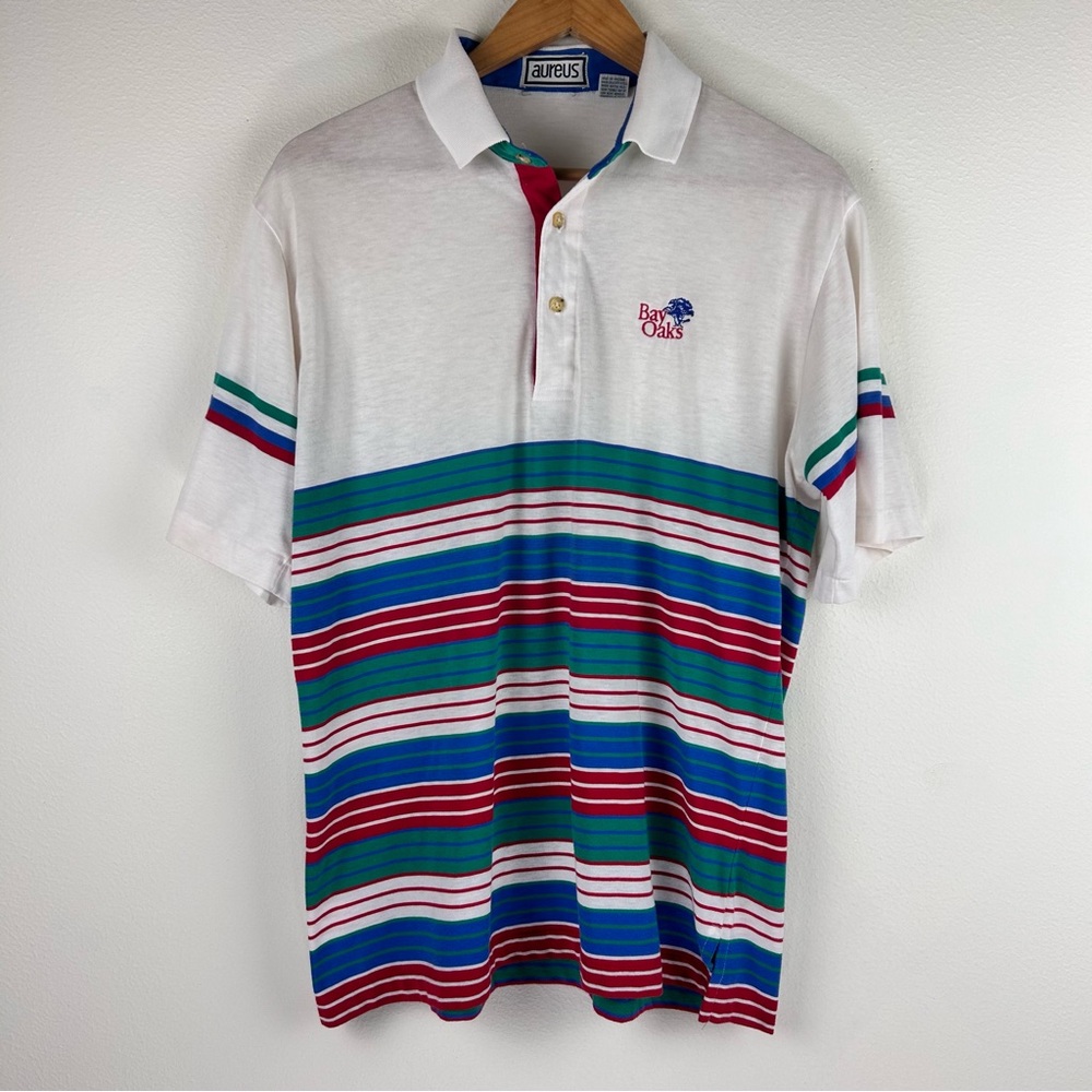 Vtg Aureus Men’s Preppy Casual Striped Polo Shirt Size L